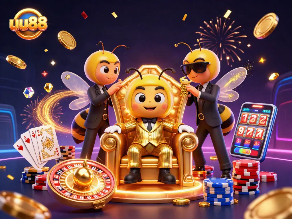 Place your bets with uu88 as the bumblebee mob boss oversees a vibrant casino scene filled with excitement.