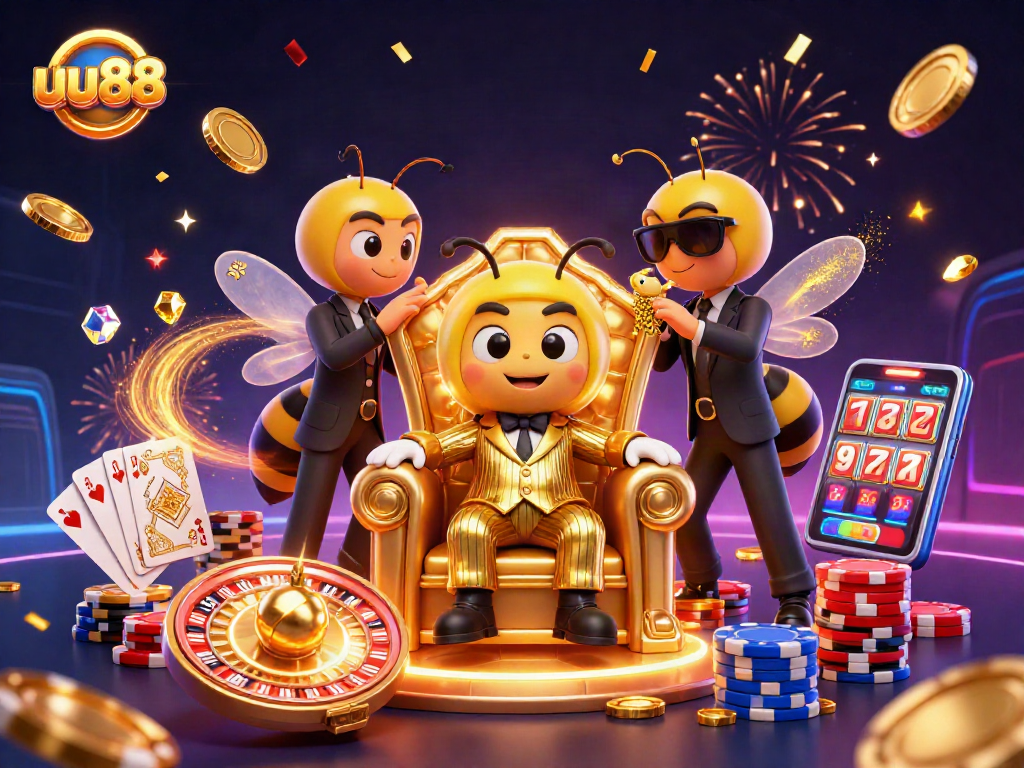 Place your bets with uu88 as the bumblebee mob boss oversees a vibrant casino scene filled with excitement.