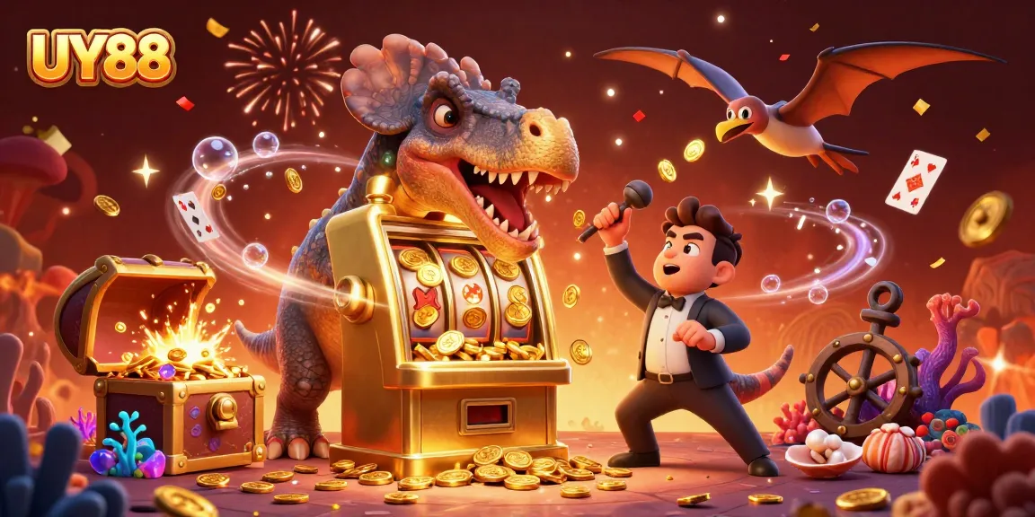 Celebrate a jackpot win with UY88 in an animated casino showdown of fun characters.