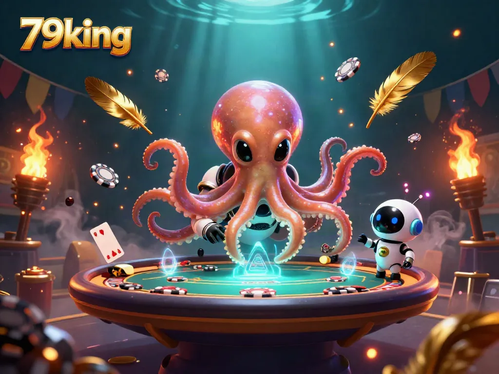 Engage with 79king through exciting poker games in a vibrant, whimsical casino scene.