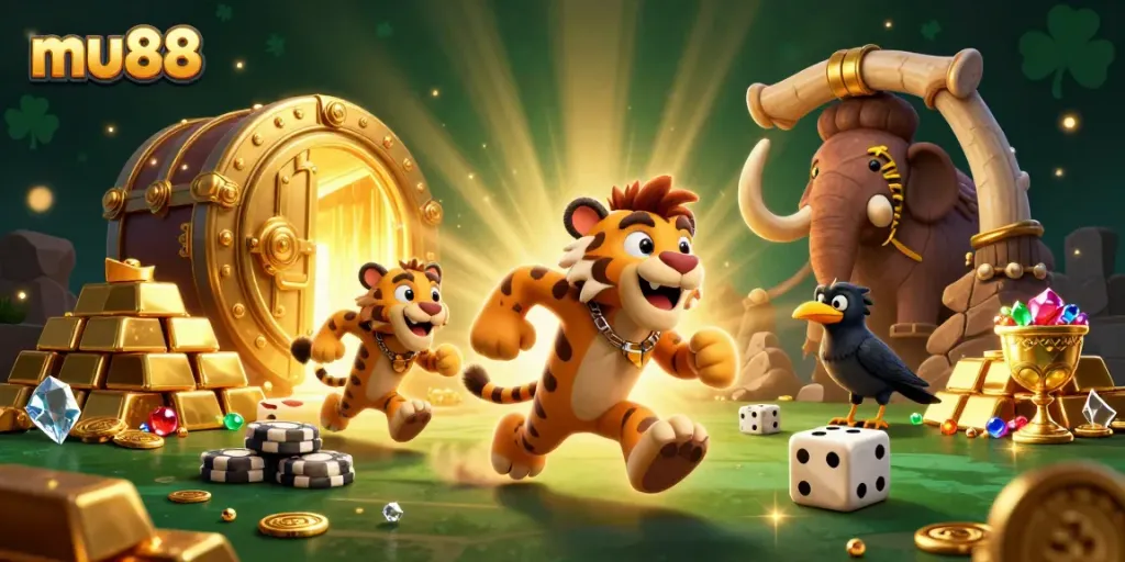 Join the excitement at mu88 with a vibrant prehistoric casino scene featuring playful characters and treasures.