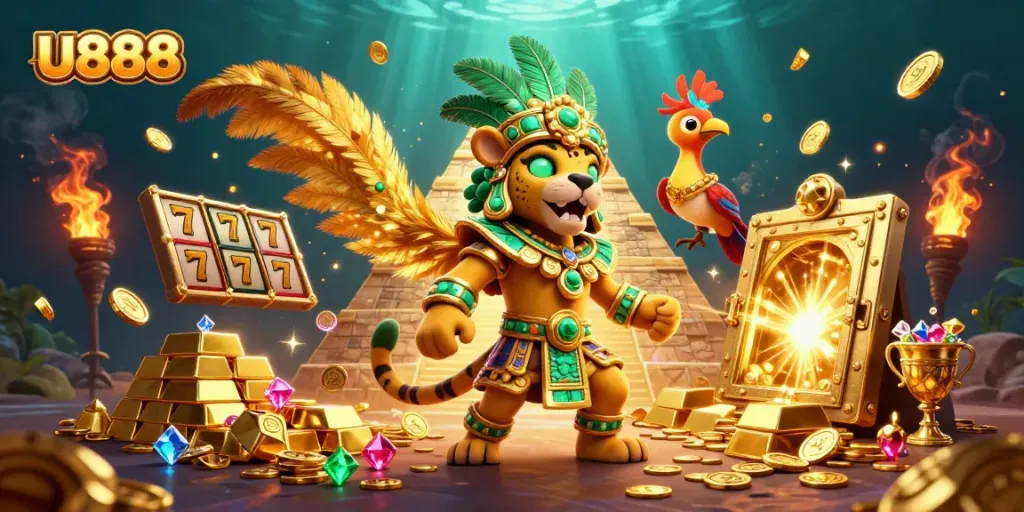 Experience thrilling wins with U888 in a vibrant casino-themed 3D illustration featuring slot machines.