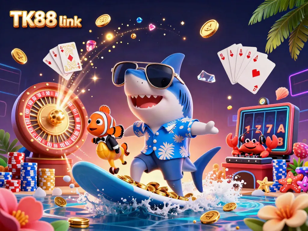 Experience thrilling casino action with the dynamic TK88 link featuring a surfer shark, treasure waves, and vibrant games.
