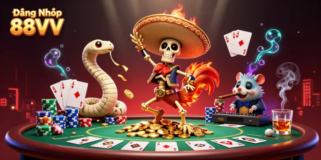 Celebrate wins at Đăng Nhập 88VV with vibrant characters illustrating a thrilling casino experience.