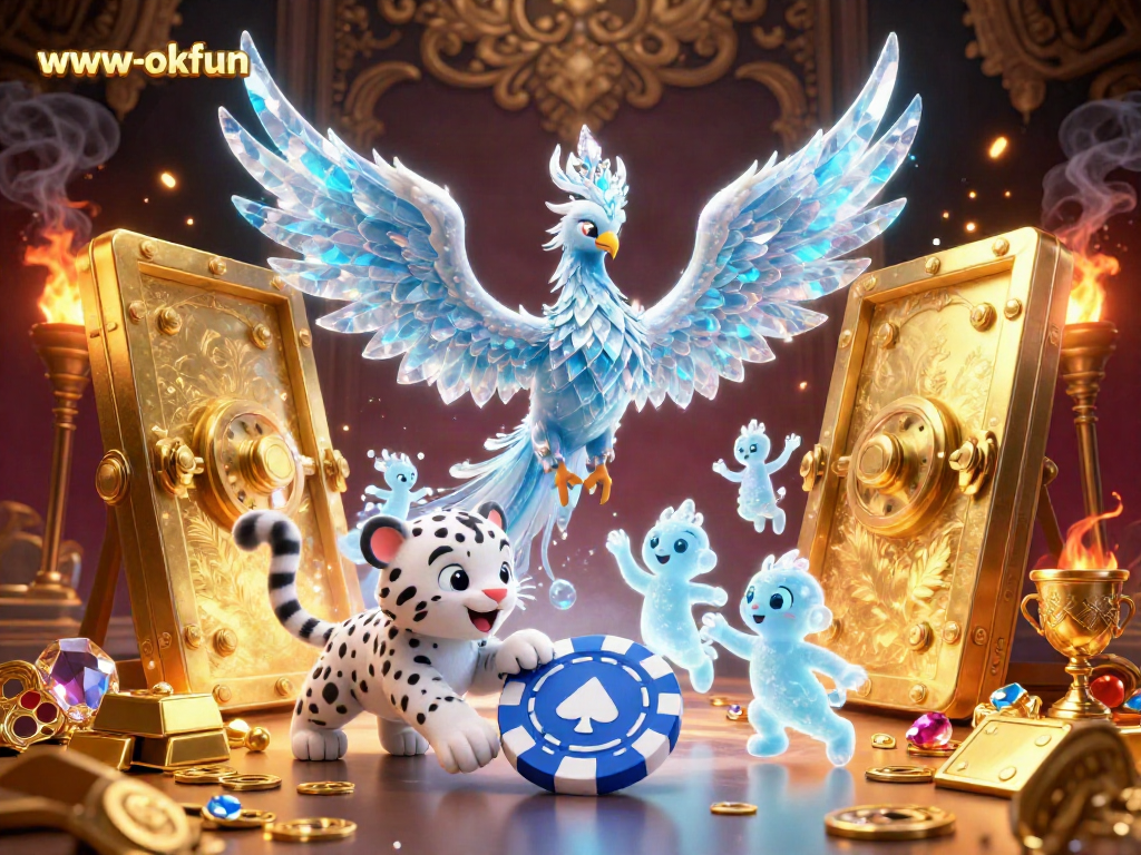 Experience excitement with www-okfun as glowing ice sprites dance around a vibrant casino scene.