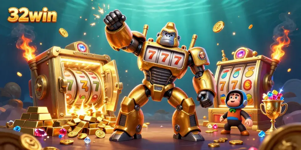 Engage in thrilling casino action with 32win's dynamic 3D golden gorilla mech and vibrant slot elements.