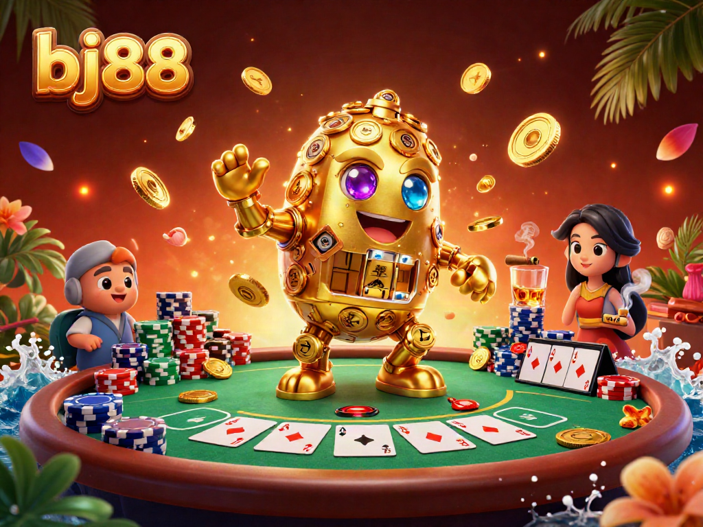 Experience the thrilling atmosphere of bj88 online gaming with a dynamic poker setup featuring vibrant golden elements and rich game details.