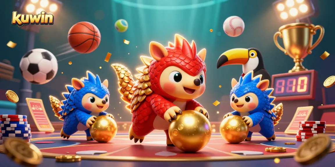 Experience thrilling kuwin action as rival pangolins compete amidst vibrant casino elements and golden confetti.