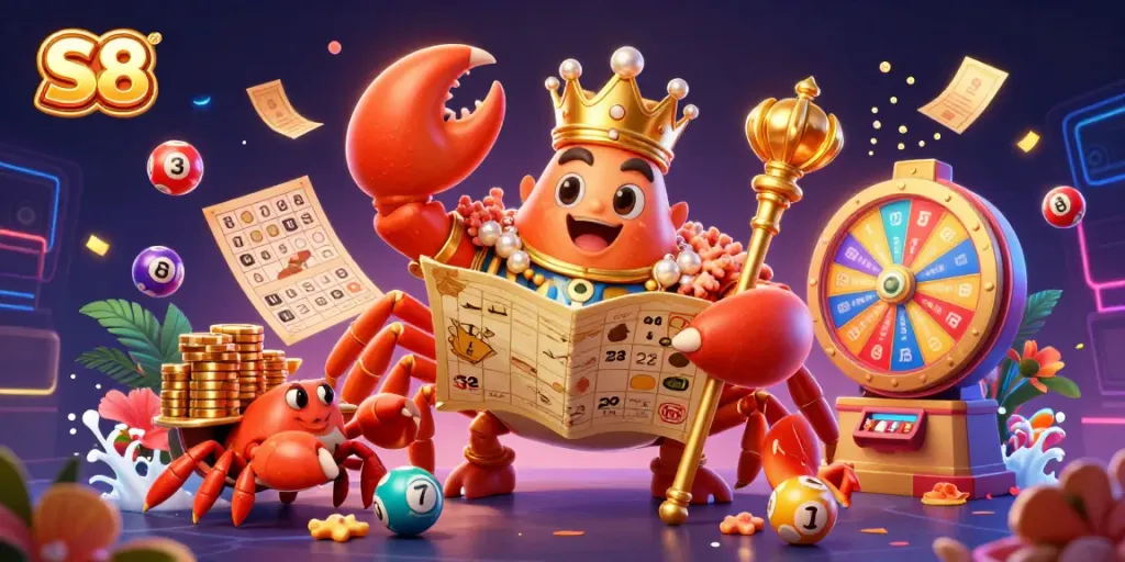 S8 brings excitement to the casino experience with a vibrant illustration of a crab emperor surrounded by lottery elements.