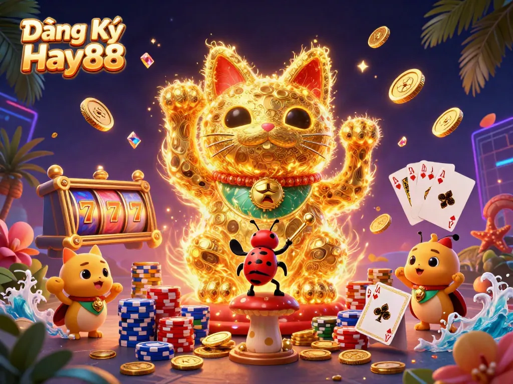 Engage with Đăng Ký Hay88, witnessing a vibrant scene of casino symbols and a lucky cat illustration.