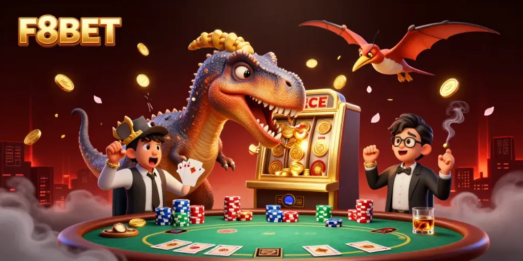 F8BET casino scene with a dinosaur showing excitement over jackpot coins, highlighting dynamic gaming.