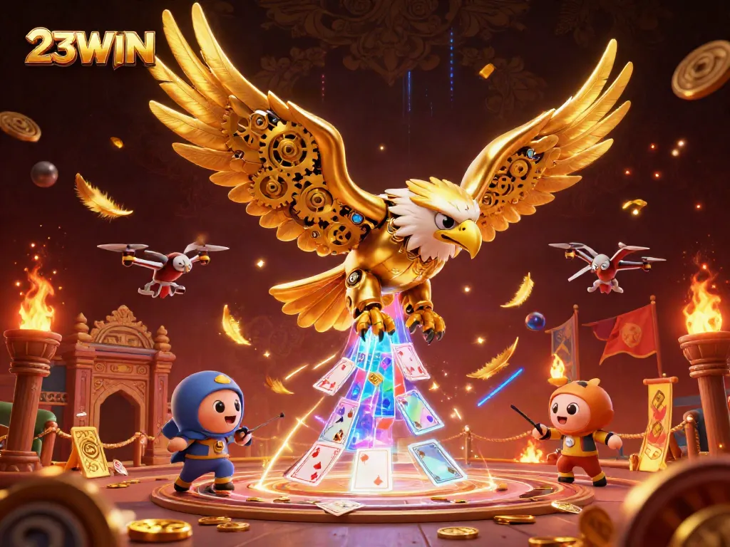 Experience the thrill of 23WIN with a cybernetic eagle soaring through virtual gaming elements.