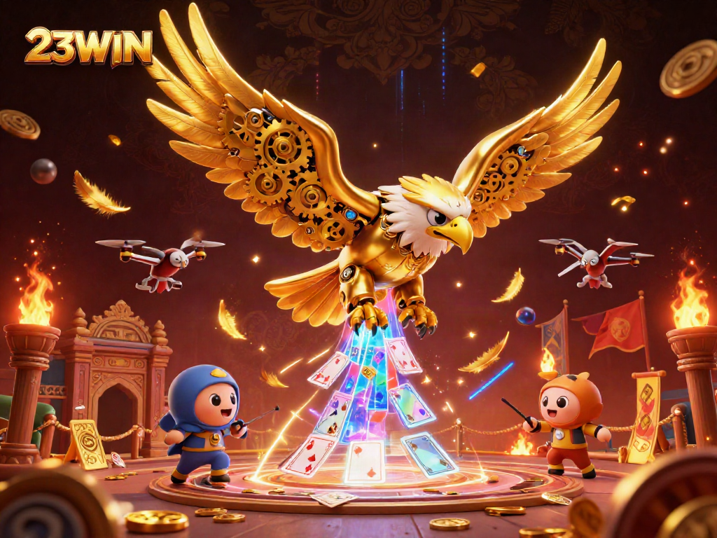 Experience the thrill of 23WIN with a cybernetic eagle soaring through virtual gaming elements.