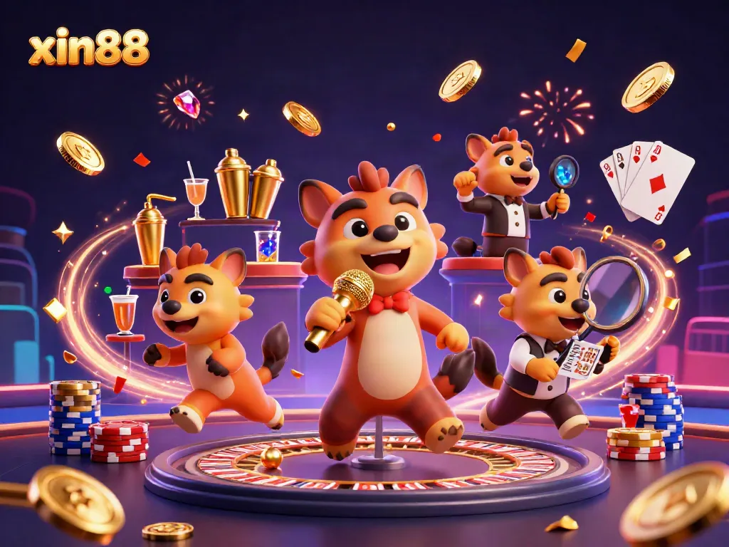 Engaging scene of xin88's cartoon hyenas creating a vibrant casino atmosphere with joyful activities.