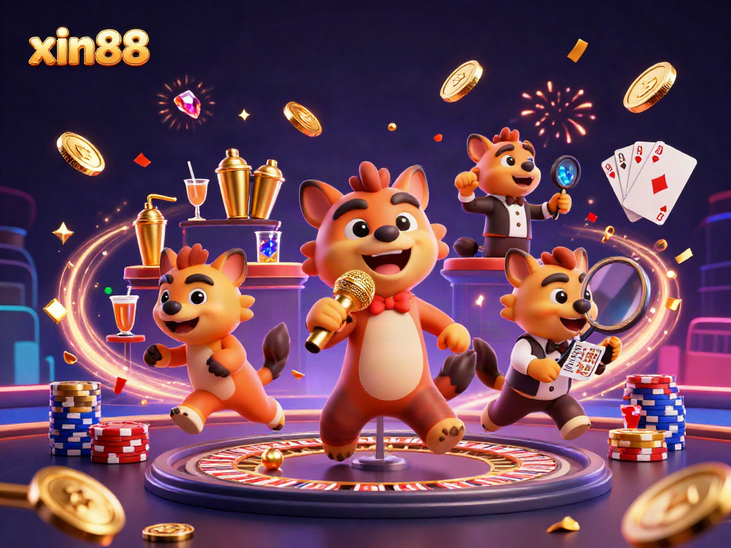 Engaging scene of xin88's cartoon hyenas creating a vibrant casino atmosphere with joyful activities.