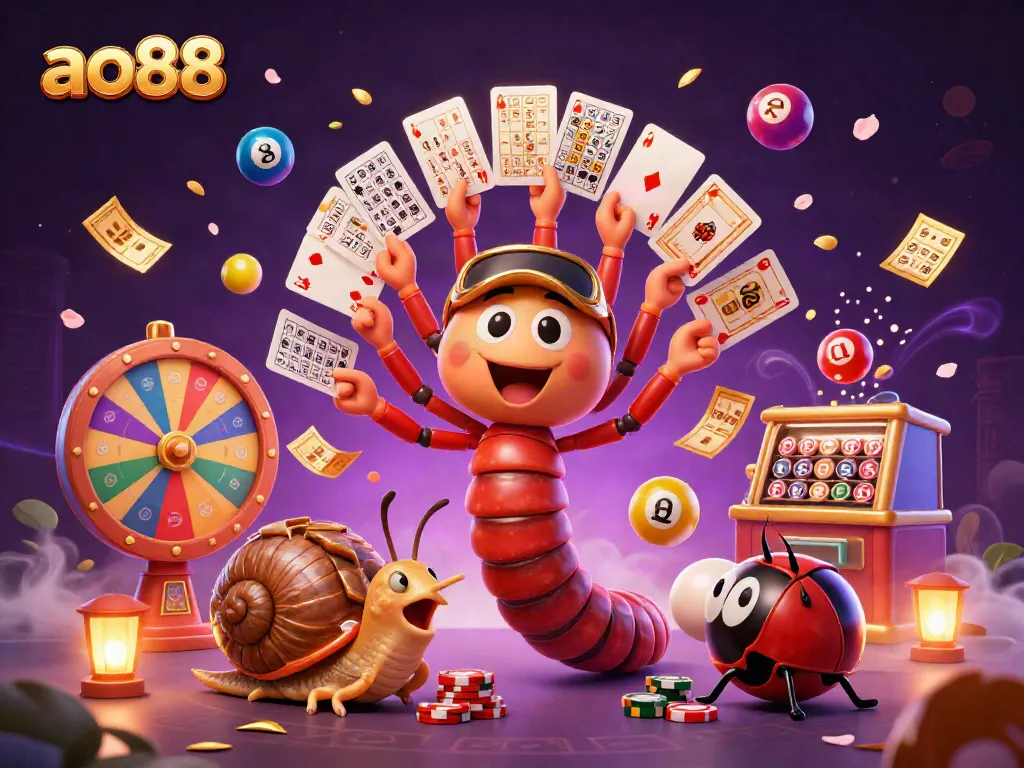 Experience thrilling gaming at ao88 with a vibrant cartoon illustration showcasing dynamic characters and casino elements.