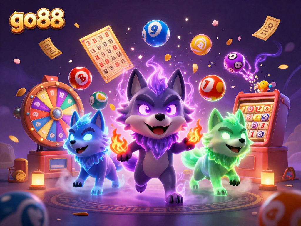 Experience the thrill of go88 with an energetic lottery scene featuring mystical wolves and vibrant game elements.