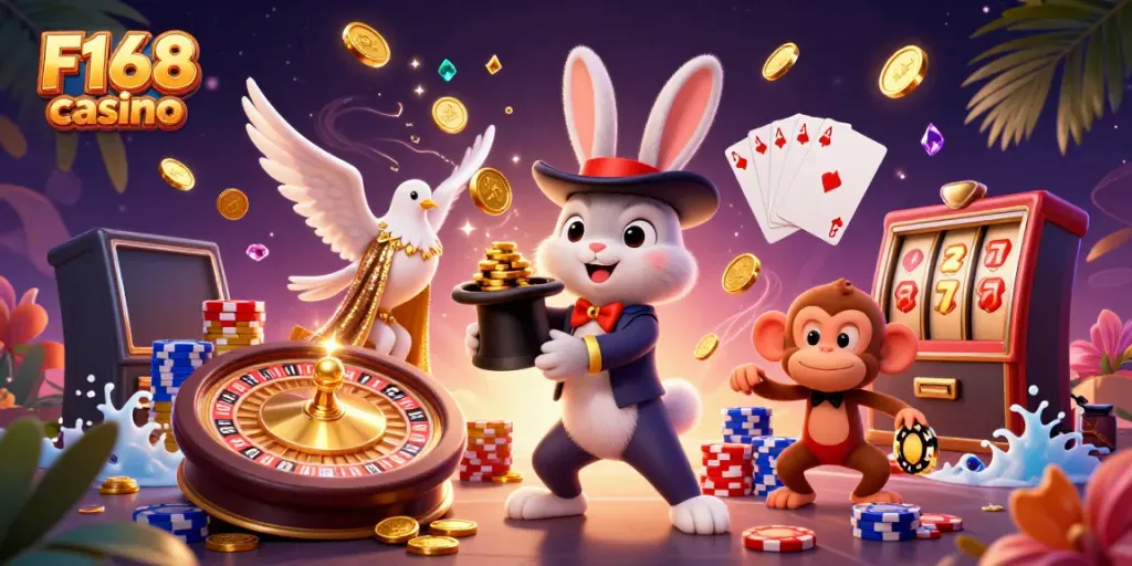 A vibrant scene featuring a magician rabbit and a glamorous dove showcasing F168 casino excitement with golden coins, poker chips, and a roulette wheel.