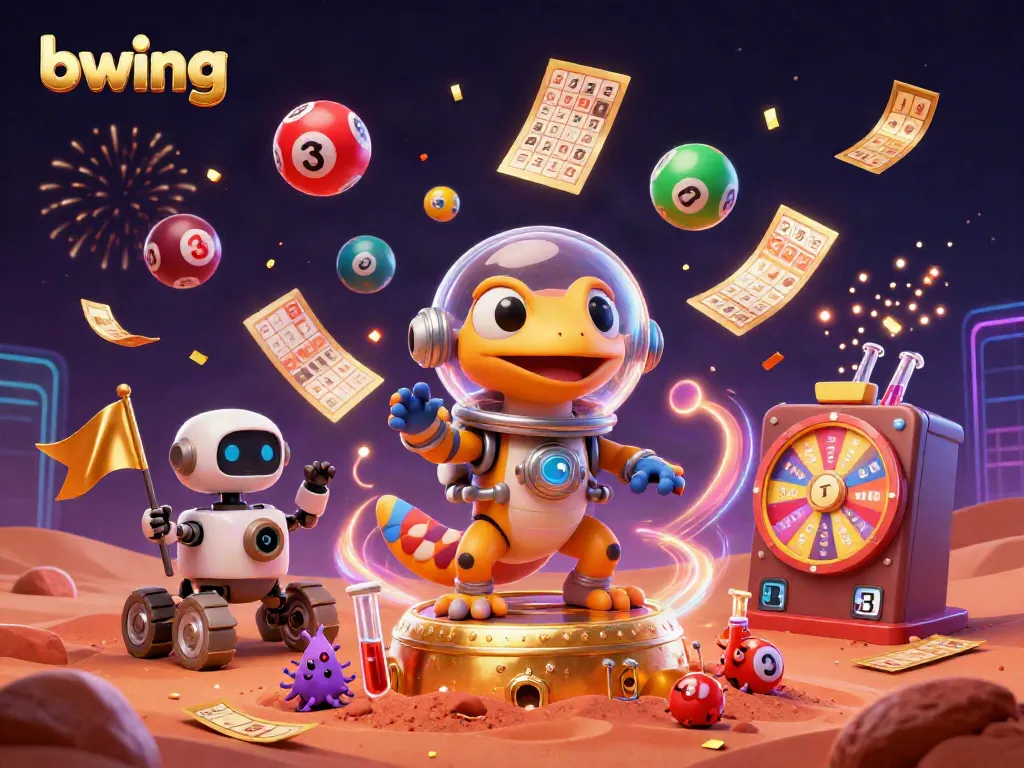 Martian gecko discovering a golden casino, vibrant lottery balls and dynamic elements in scene.