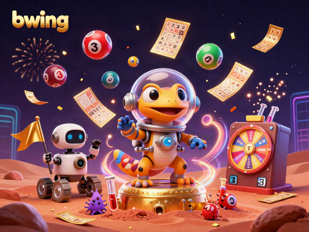 Martian gecko discovering a golden casino, vibrant lottery balls and dynamic elements in scene.