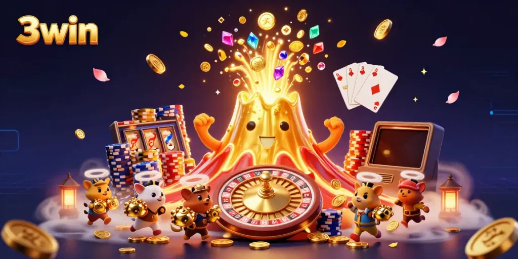 Experience thrilling wins at 3win as you uncover treasures amidst a volcanic eruption of gold and gems!