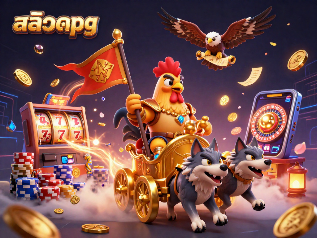 Experience the thrill of สล็อตpg with our 3D illustration featuring a rooster warlord in a vivid casino setting.