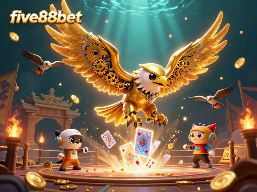 Experience thrills at five88bet with a dynamic casino scene featuring a cybernetic eagle among playing cards and gold coins.