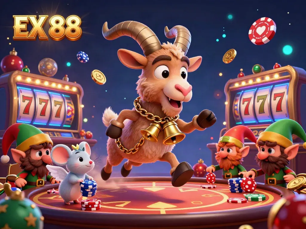 Engage with dynamic casino fun as EX 88 showcases characters amidst festive chaos and swirling poker elements.