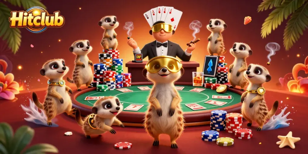 Hitclub showcases meerkats managing a vibrant casino with chip towers and poker elements.