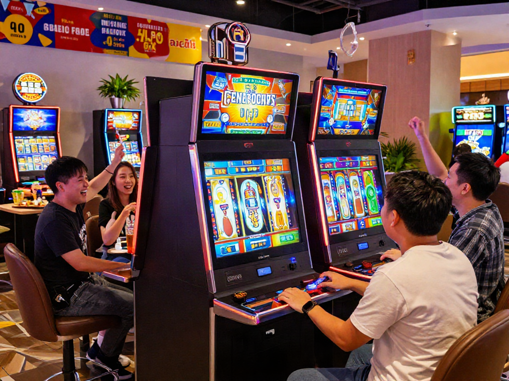 Enthusiastic players enjoying diverse slot machines at i24Slots Casino, creating a lively and vibrant gaming atmosphere.