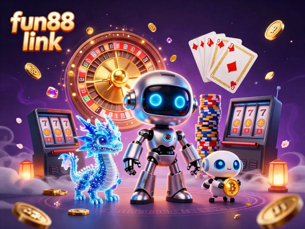 Experience the thrill of the fun88 link with this vibrant 3D casino illustration full of golden coins and neon elements.