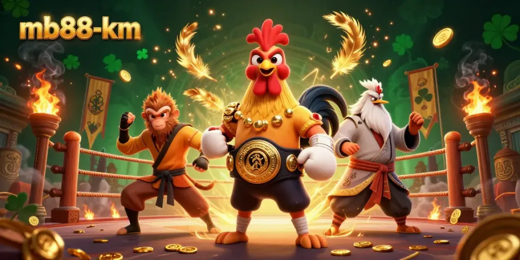 Engage in vibrant gambling action with mb88-km featuring fighting roosters, monkeys, and a crane master in a dynamic scene.