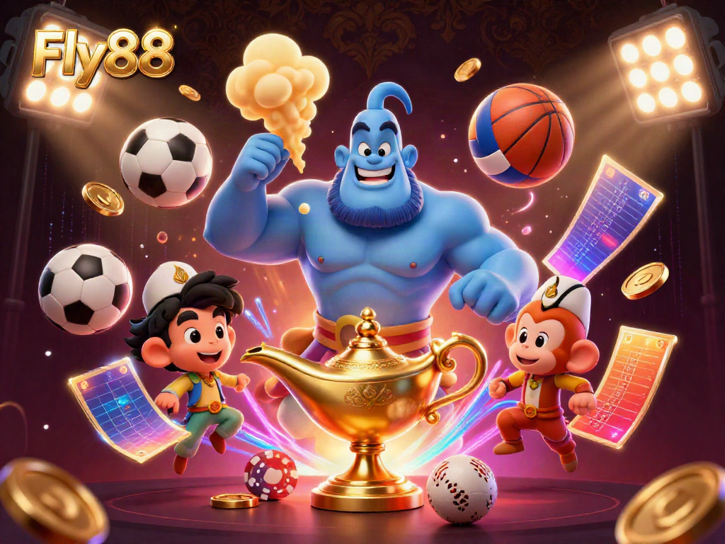 Engage with Fly88 through a vibrant illustration showcasing a genie, monkey, and magic carpet filled with casino excitement.