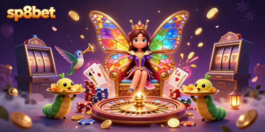 Experience the excitement of sp8bet with vivid games and royal imagery in this casino-themed illustration.