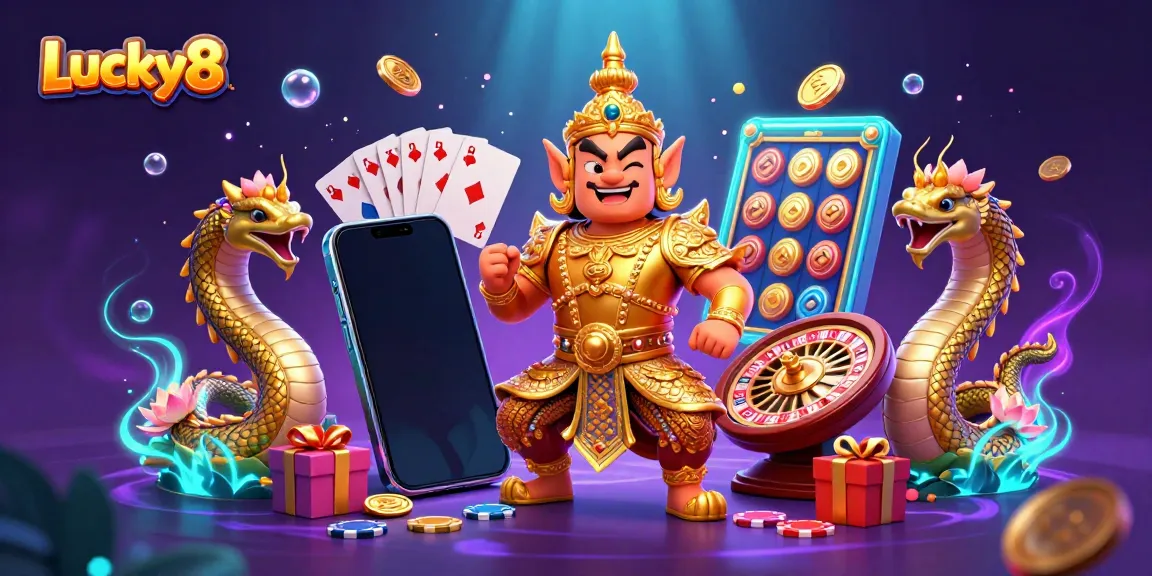 Engage with Lucky8, an exciting online slots experience featuring vibrant Thai guardians and dynamic casino elements.
