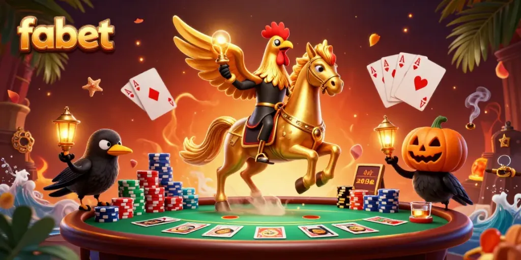 Experience the thrilling night at Fabet casino with the golden rooster and friends lighting up the stakes.