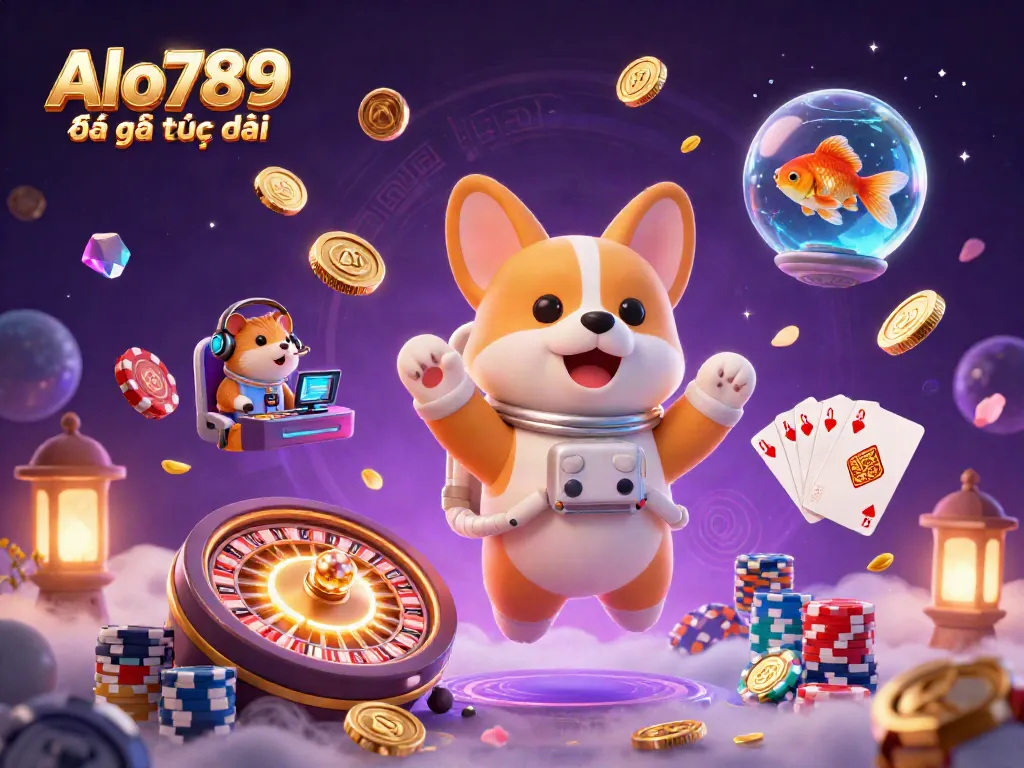 Alo789 Đá gà trực tiếp showcases an astronaut corgi floating in a casino, surrounded by drifting poker chips and golden coins.
