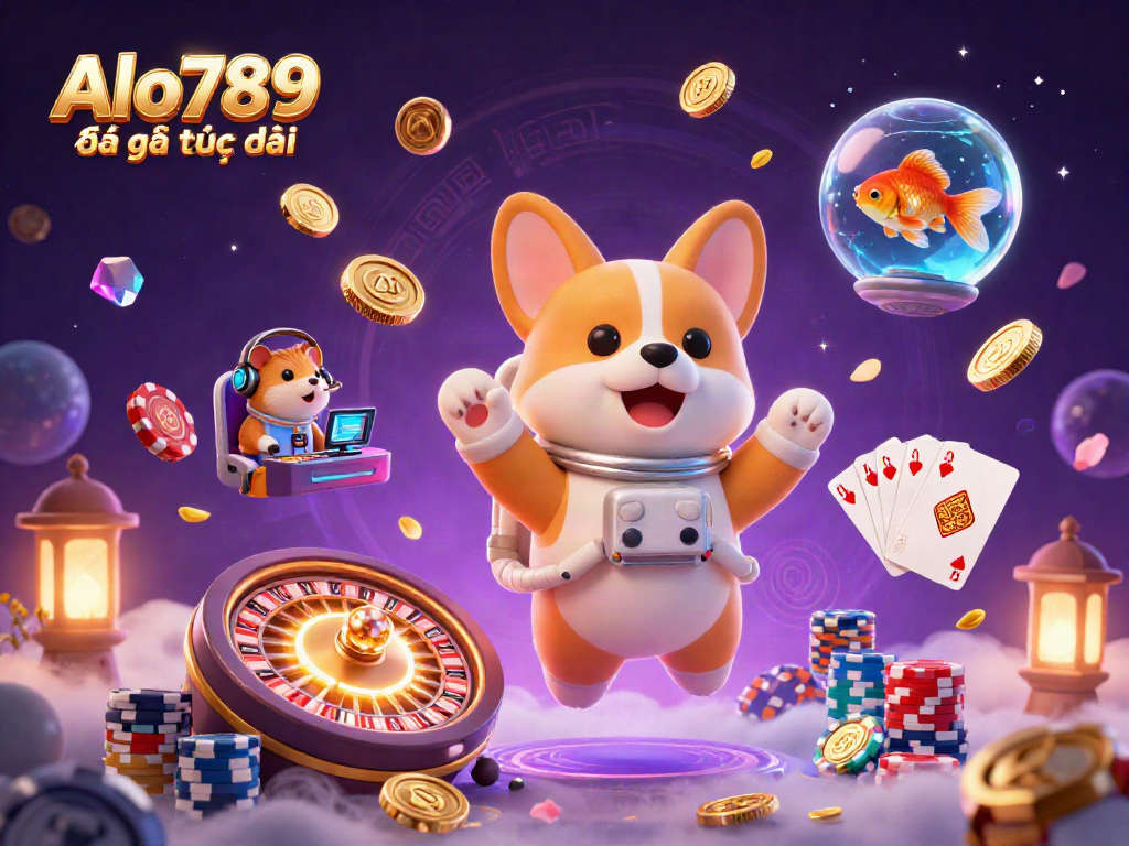 Alo789 Đá gà trực tiếp showcases an astronaut corgi floating in a casino, surrounded by drifting poker chips and golden coins.
