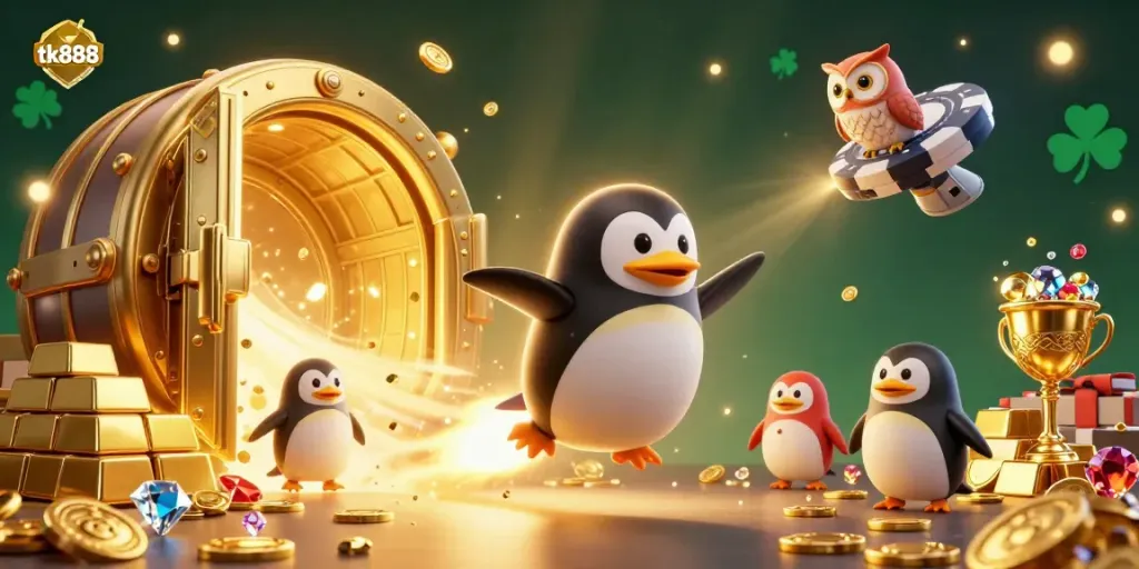 Win big with tk888's exciting casino adventure featuring a golden penguin and treasure vaults.