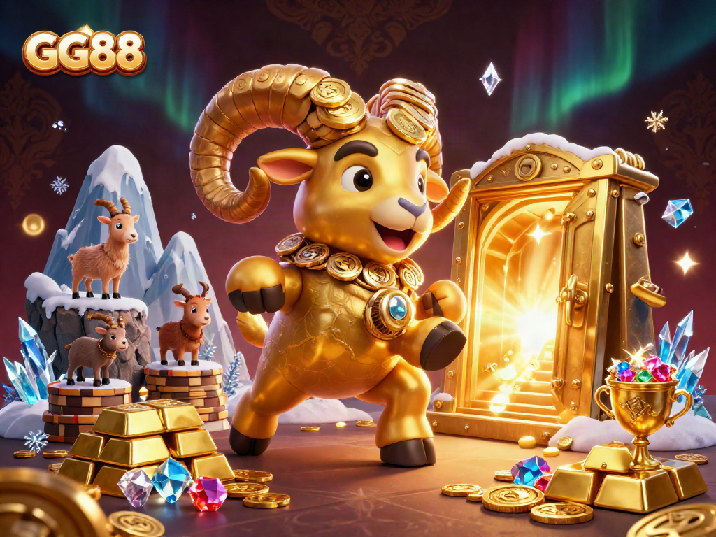 GG88 showcases a golden ram charging through a treasure-filled gate in a vibrant casino scene.