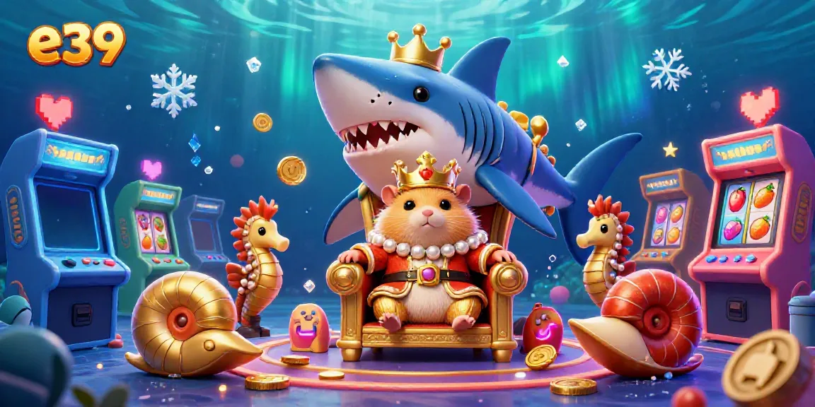 Join the exciting e39 casino adventure featuring a golden hamster king on a megalodon throne with dynamic slot elements.