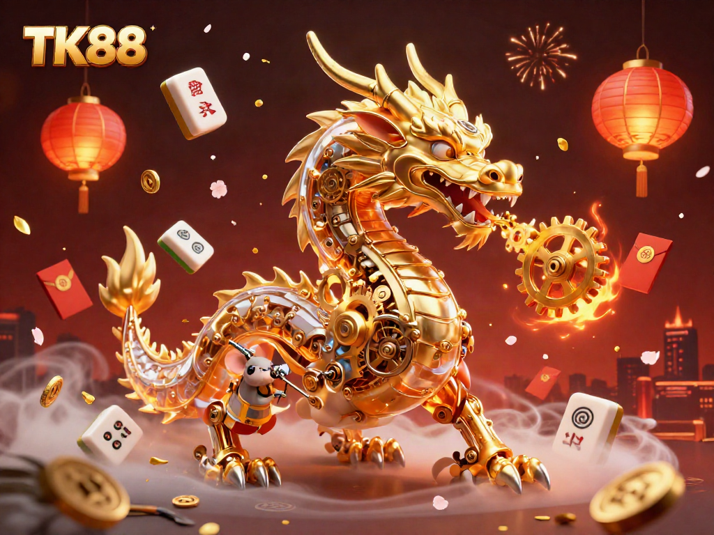 Experience thrilling gameplay with TK88's vibrant 3D casino illustration featuring a golden dragon and dynamic game elements.