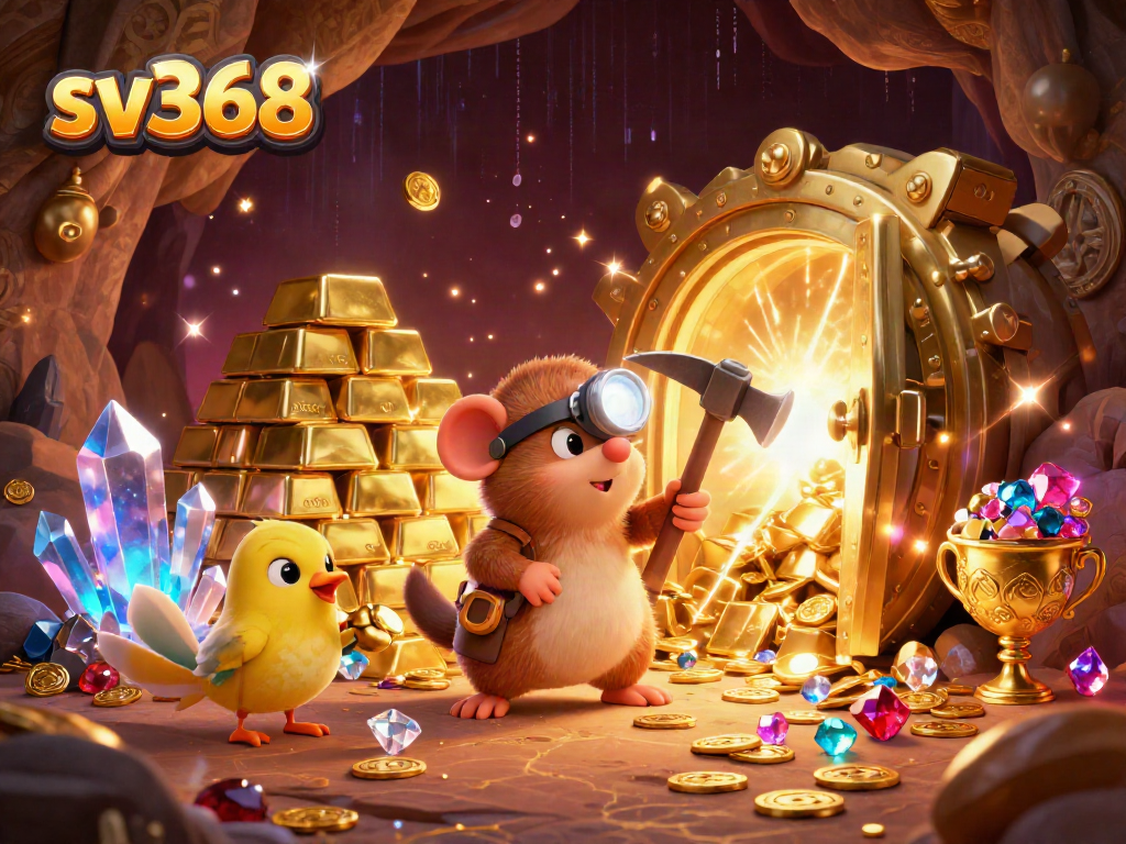 Experience thrilling gaming with sv368 in a vibrant treasure-filled scene featuring a cartoon mole and canary.