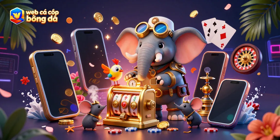Engaging scene of web cá cược bóng đá featuring a steampunk elephant engineer operating a slot machine with dynamic game elements.