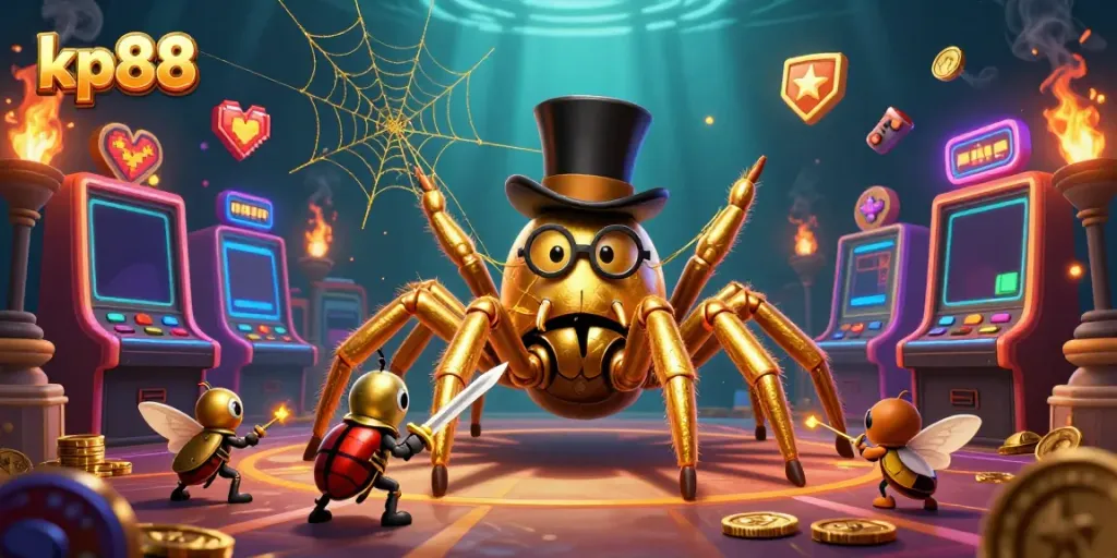 Engage with kp88 in a vibrant 3D casino scene with golden characters, slot machines, and glowing elements