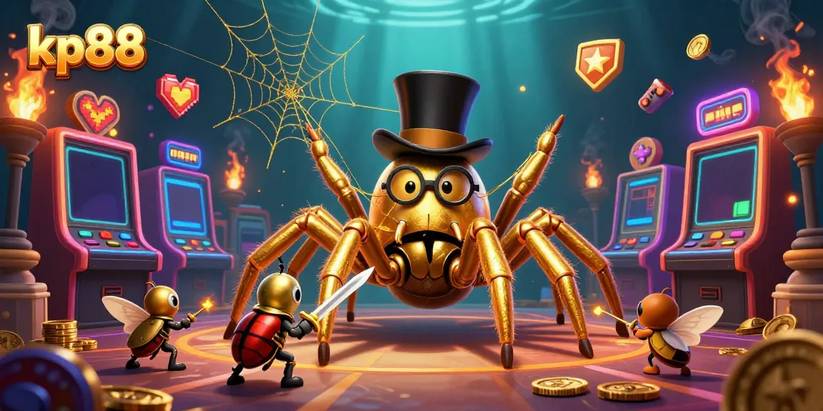 Engage with kp88 in a vibrant 3D casino scene with golden characters, slot machines, and glowing elements