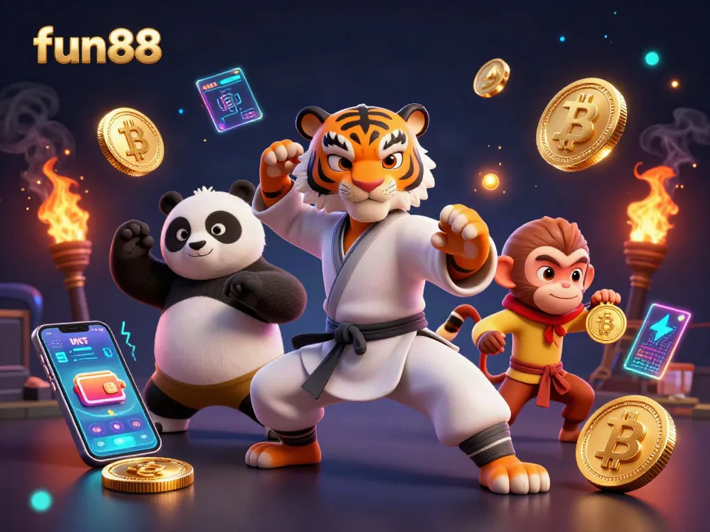 Experience fun88's thrilling gaming scene with a kung fu tiger master and vibrant crypto elements.