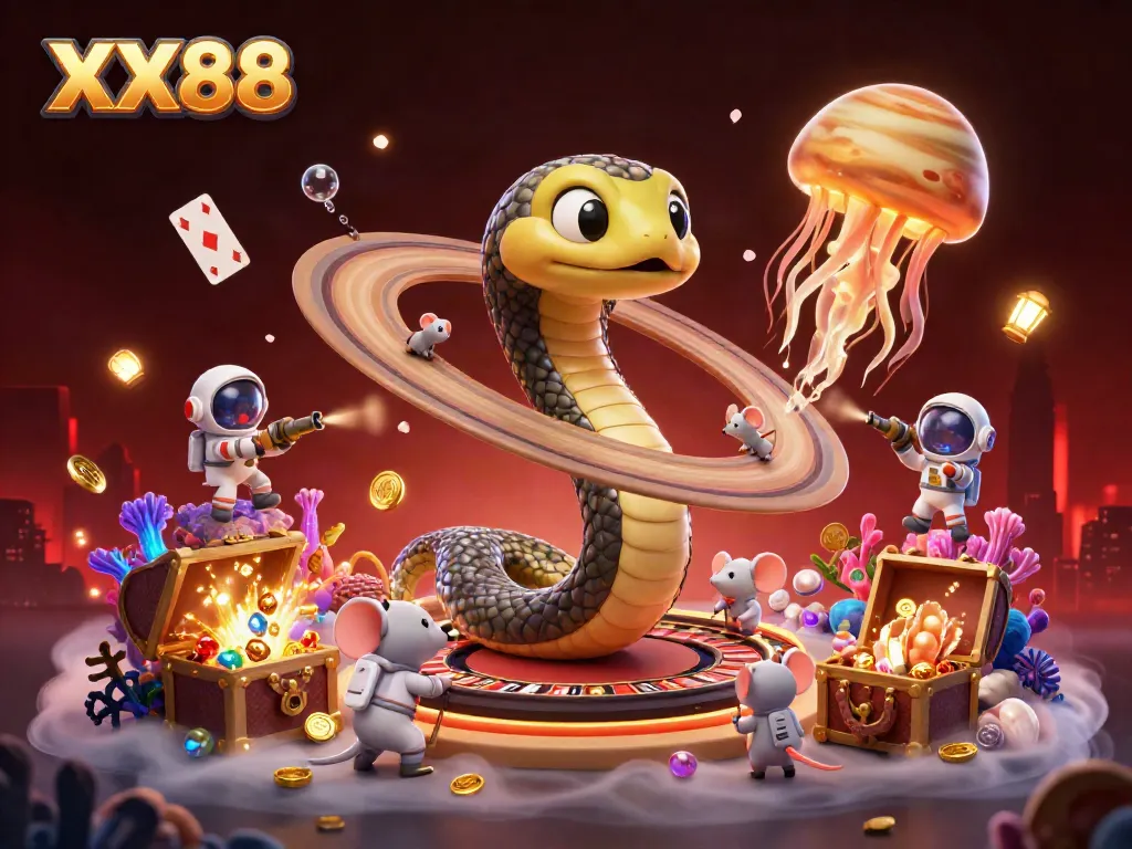 Experience the excitement of XX88 with playful astronaut mice betting on Saturn's rings as a roulette wheel.