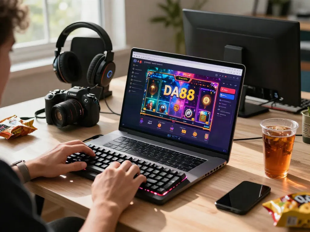 Online gaming experience at https://da88z.net/ with interactive slot game displayed on laptop.
