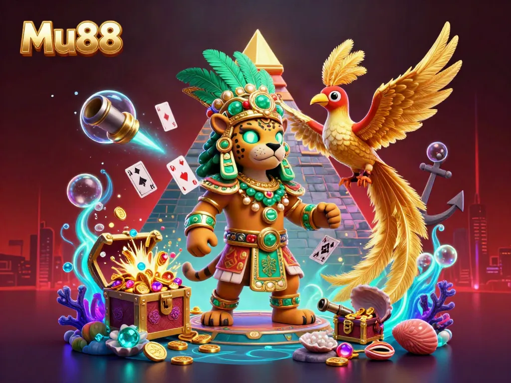 Experience thrilling gameplay at Mu88 with vibrant 3D illustration showcasing casino action and underwater treasures.